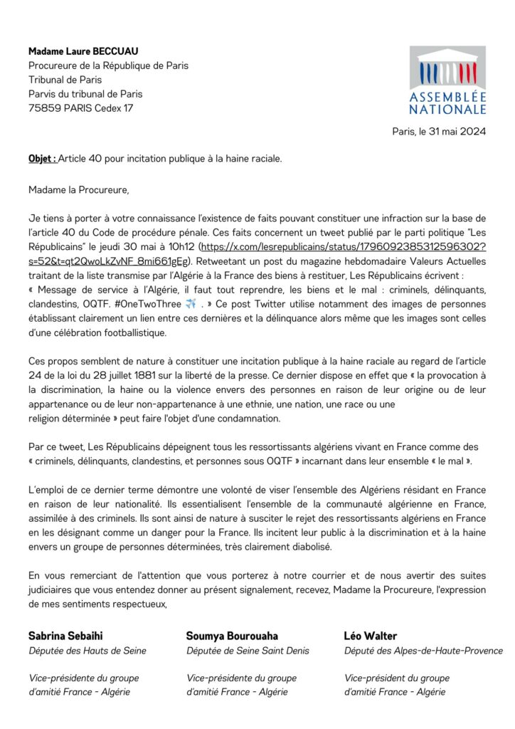 Lettre des députés Sabrina Sebaihi, Soumya Bourouaha et Léo Walter à la procureure de la République de Paris.